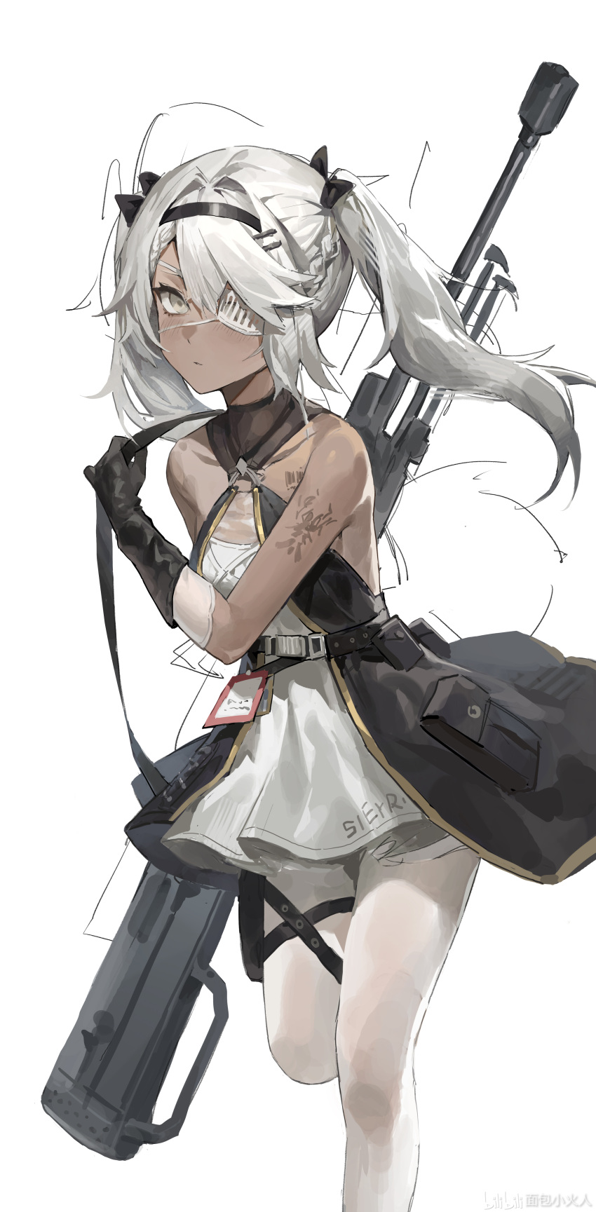 1girl absurdres arm_tattoo black_gloves closed_mouth dark-skinned_female dark_skin dress eyepatch girls'_frontline gloves grey_eyes grey_hair gun gun_on_back hair_ornament hairclip highres hs.50_(girls'_frontline) huomianbao39445 long_hair pantyhose rifle simple_background sniper_rifle solo tattoo twintails weapon weapon_on_back white_background white_dress white_pantyhose