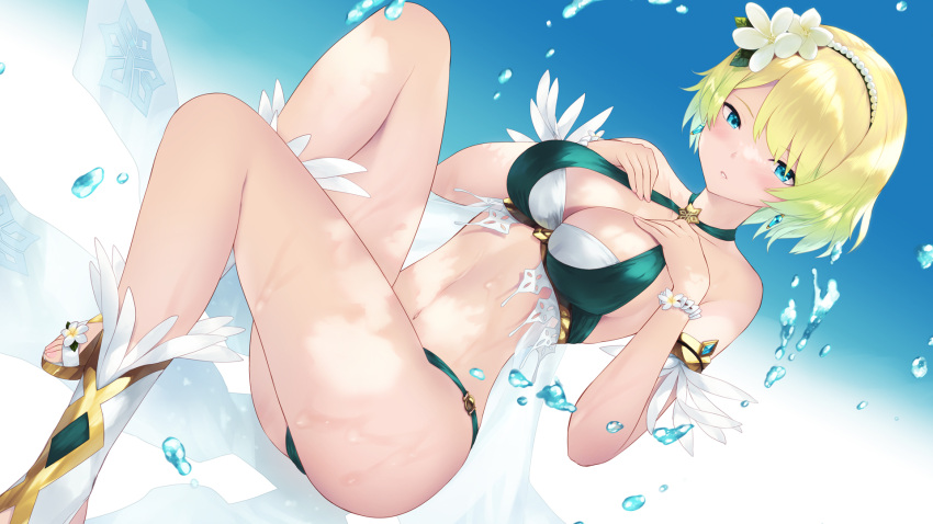 1girl armlet bare_shoulders bikini blonde_hair blue_eyes blush breasts cait_aron cleavage collarbone feather_trim fire_emblem fire_emblem_heroes fjorm_(fire_emblem) fjorm_(summer)_(fire_emblem) flower gradient_hair green_bikini hair_flower hair_ornament hairband highres large_breasts looking_at_viewer multicolored_hair navel official_alternate_costume short_hair solo swimsuit