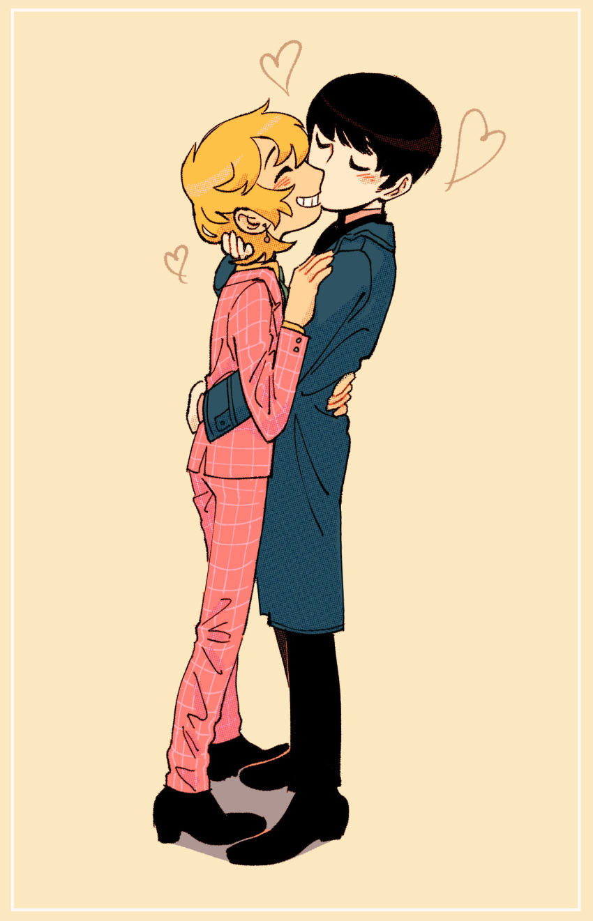 2boys absurdres black_footwear black_hair blonde_hair blue_coat blush brown_background closed_eyes coat commentary earrings elekilokal english_commentary full_body hanazawa_teruki hand_on_another's_back heart highres hug jacket jewelry kageyama_shigeo kiss long_sleeves male_focus mob_psycho_100 multiple_boys pants pink_jacket pink_pants shoes short_hair simple_background smile standing yaoi