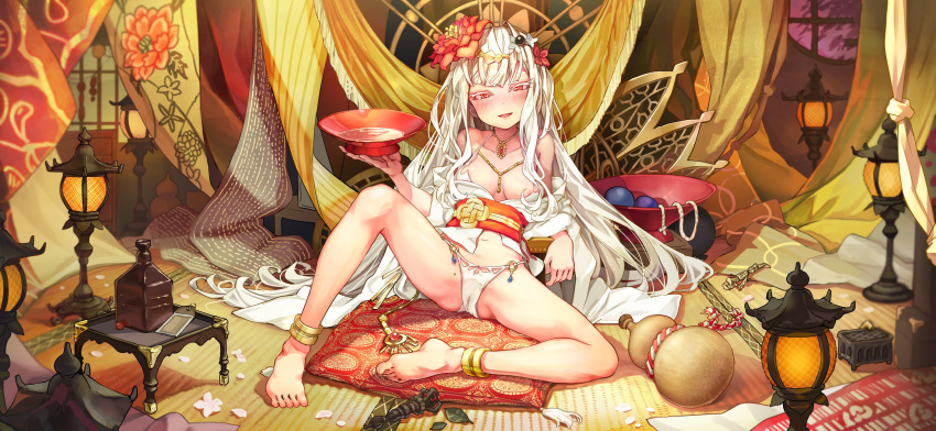 1girl absurdres alcohol anklet bare_legs barefoot blush bottle breasts cameltoe collarbone commentary cup feet flower gourd hair_flower hair_ornament hair_spread_out highres holding holding_cup jewelry lantern long_hair looking_at_viewer melaton navel necklace obi off_shoulder original parted_lips petals reclining red_eyes sakazuki sash small_breasts smile solo spread_legs tatami toes very_long_hair white_hair