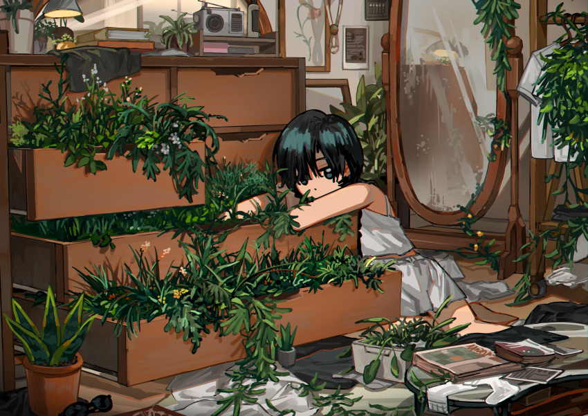 1girl absurdres bare_arms bedroom black_eyes black_hair book camisole chest_of_drawers clothes_hanger commentary english_commentary expressionless highres indoors lamp looking_at_viewer mirror myango_(applemangocrape) on_floor open_drawer original overgrown plant potted_plant radio shirt short_hair short_sleeves shorts solo sunglasses unworn_eyewear unworn_shirt white_camisole white_shirt white_shorts