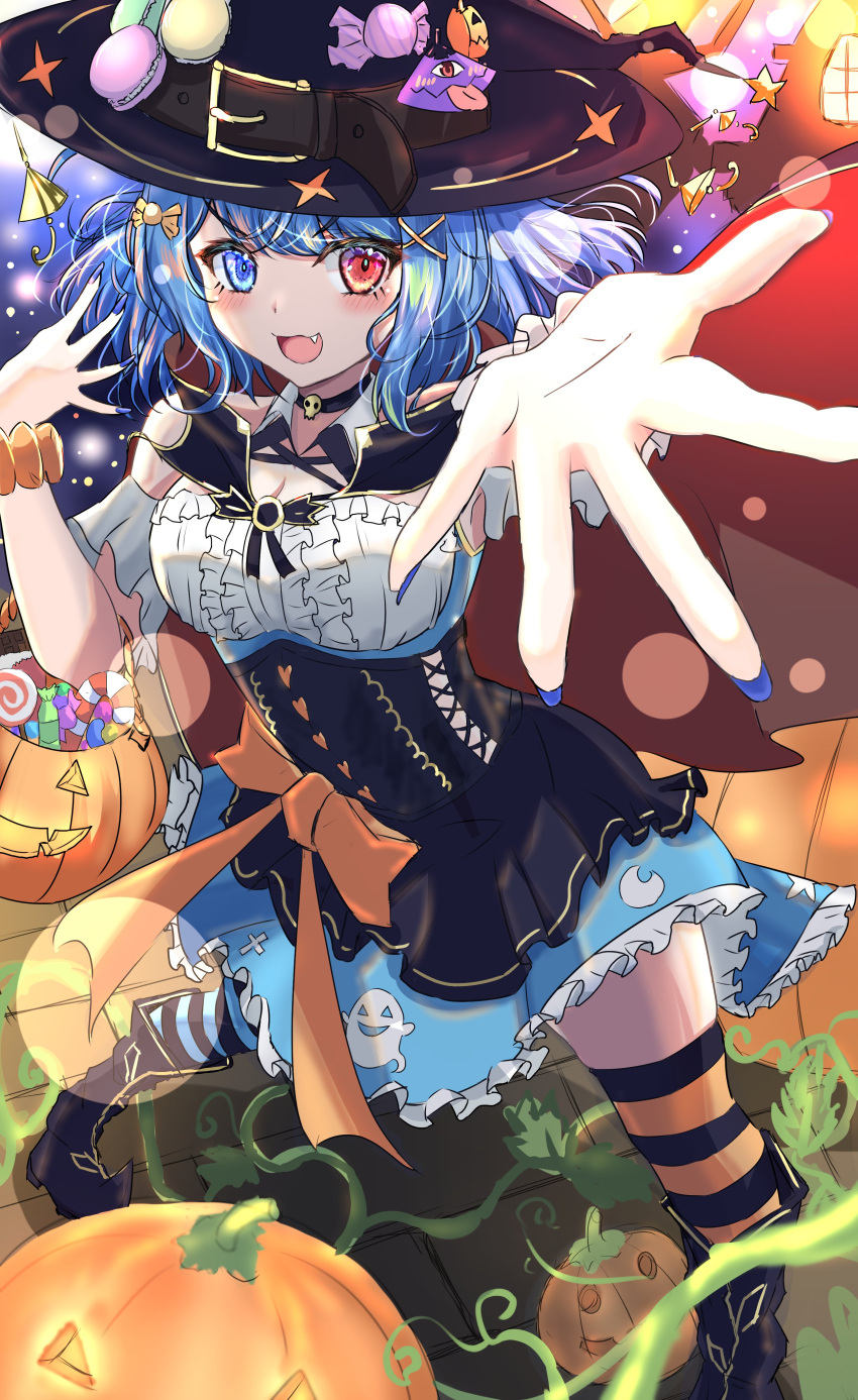 1girl :3 :d absurdres black_headwear black_thighhighs blue_eyes blue_hair blue_skirt breasts candy commentary_request fang food frilled_skirt frills halloween_bucket halloween_costume heterochromia highres jack-o'-lantern lobstrater64 looking_at_viewer open_mouth orange_thighhighs red_eyes short_hair skirt smile solo striped striped_thighhighs tatara_kogasa thighhighs touhou