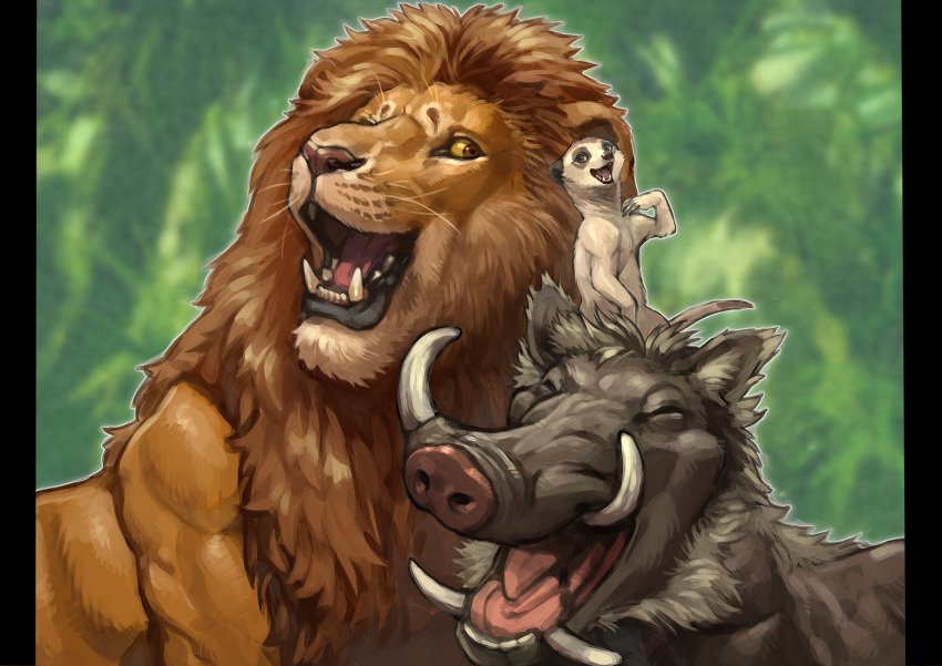 absurd_res disney eyes_closed fangs felid feral group herpestid hi_res lion male mammal mane meerkat open_mouth open_smile pantherine pumbaa simba_(the_lion_king) size_difference smile suid suina teeth the_lion_king timon tongue trio tusks warthog wolftapioca