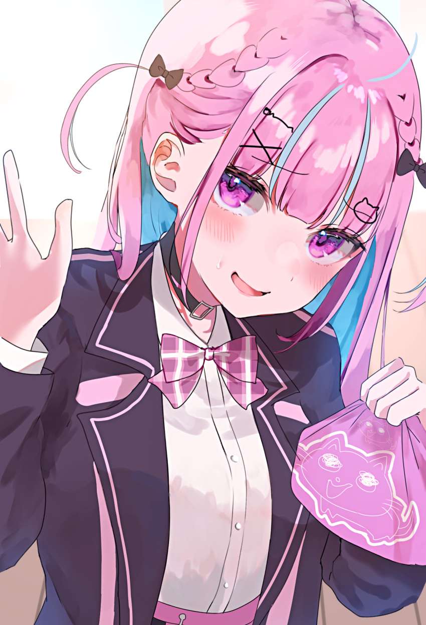 1girl black_choker black_jacket blazer blue_hair blunt_bangs blush bow bowtie cat_hair_ornament choker collared_shirt colored_inner_hair furrowed_brow hair_ornament hairclip hand_up highres holding hololive jacket kashio_(92984798) long_hair long_sleeves looking_at_viewer minato_aqua minato_aqua_(school_uniform) multicolored_hair o-ring o-ring_choker official_alternate_costume open_clothes open_jacket open_mouth pink_bow pink_bowtie pink_hair plaid plaid_bow plaid_bowtie purple_eyes school_uniform shirt sidelocks solo streaked_hair sweat two_side_up upper_body virtual_youtuber white_shirt wrapped_bento x_hair_ornament
