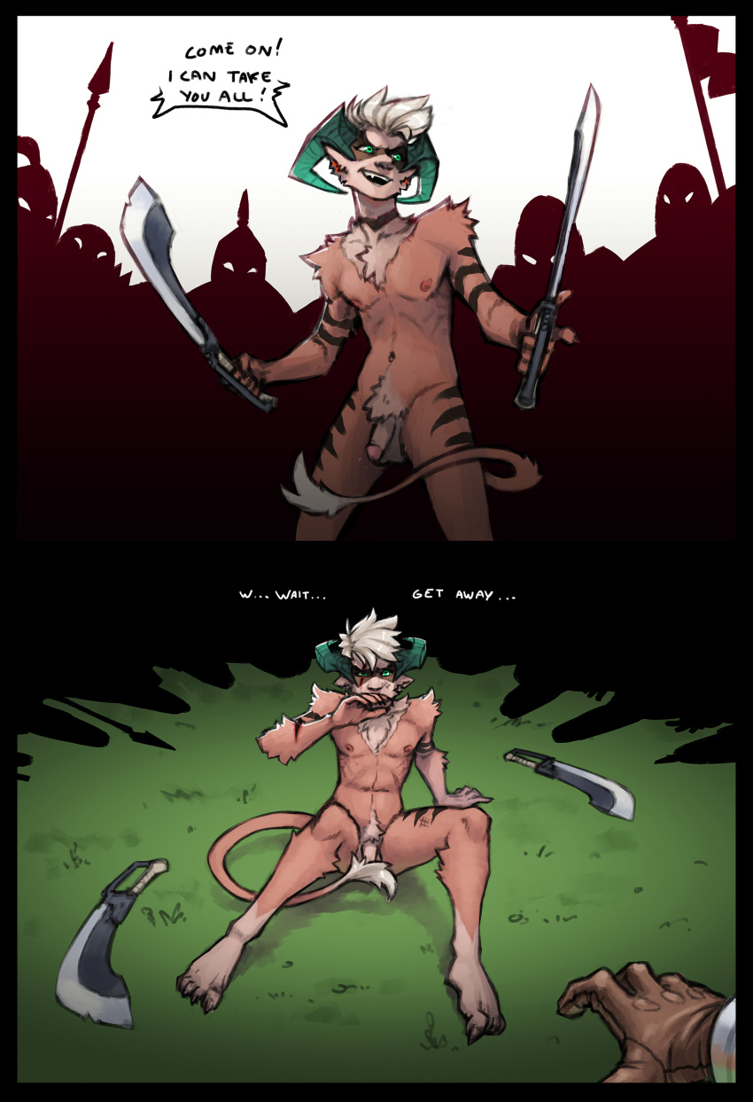 anthro battle comic fight foons fur genitals girly group hair hi_res hiding hiding_penis horn human human_on_anthro imminent_rape imminent_sex interspecies male mammal penis short_hair small_penis solo starlyve striped_body striped_fur stripes