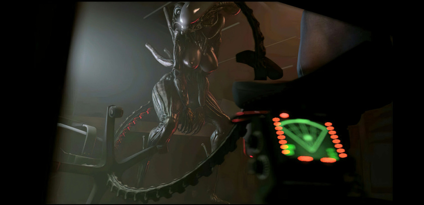 absurd_res alien alien_(franchise) alien_humanoid black_body breasts claws eyeless female hi_res humanoid large_head nipples not_furry scanner sharp_tail solo xenomorph