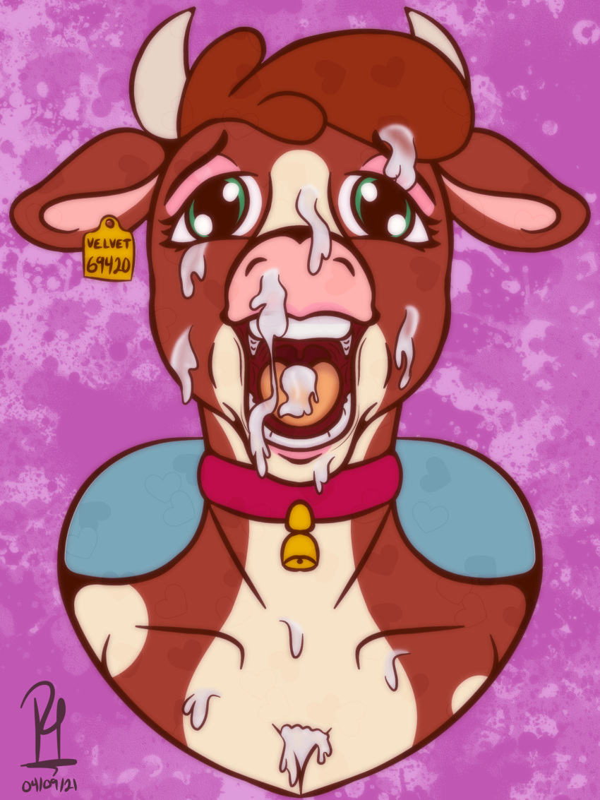 2021 2_horns absurd_res anthro anthrofied arizona_cow_(tfh) bell bell_collar bodily_fluids bovid bovine breasts brown_body brown_hair bust_portrait cattle collar cowbell cum cum_in_hair cum_in_mouth cum_inside cum_on_chest cum_on_face cum_on_tongue dated digital_drawing_(artwork) digital_media_(artwork) ear_tag eyelashes eyeshadow female genital_fluids hair hereford_cattle hi_res horn implied_oral lipstick looking_at_viewer makeup mammal multicolored_body open_mouth pink_eyeshadow pink_nose piro_pie portrait simple_background solo them's_fightin'_herds tongue two_tone_body