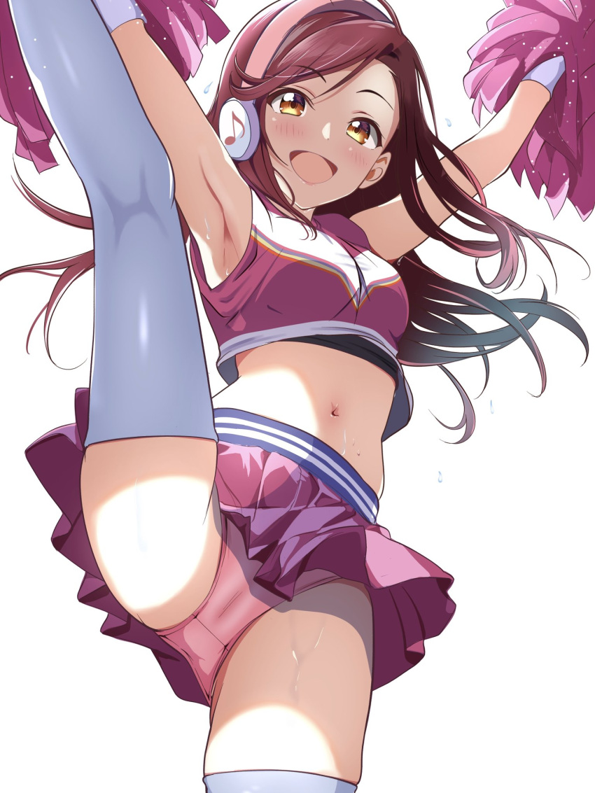 1girl :d armpits borgbutler breasts cheerleader commentary_request crop_top gloves headphones highres holding holding_pom_poms long_hair looking_at_viewer love_live! love_live!_sunshine!! medium_breasts miniskirt musical_note musical_note_print navel panties pink_panties pink_skirt pom_pom_(cheerleading) red_hair sakurauchi_riko skirt smile solo split standing standing_on_one_leg standing_split sweat thighhighs underwear white_background white_gloves white_thighhighs yellow_eyes