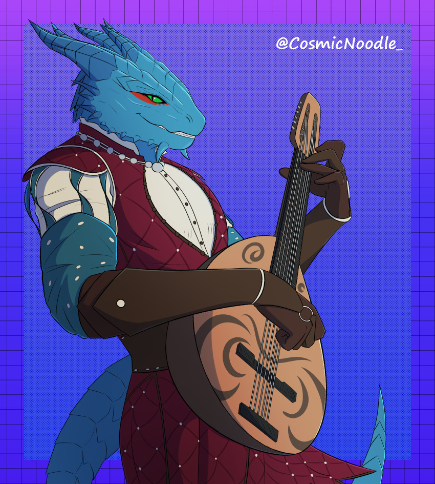 absurd_res anthro armwear baldur's_gate bard blue_body bottomwear clothed clothing cosmic_noodle digital_media_(artwork) dragonborn_(dnd) dungeons_and_dragons fingers green_eyes handwear hasbro hi_res holding_object horn looking_at_viewer lute male musical_instrument plucked_string_instrument scales scalie simple_background smile solo string_instrument tail topwear wizards_of_the_coast