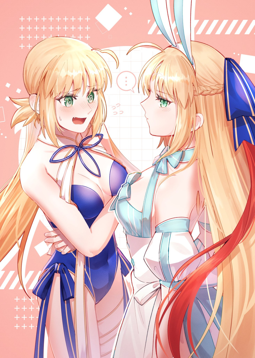 ... 1girl @_@ ahoge animal_ears artoria_caster_(fate) artoria_caster_(swimsuit)_(fate) artoria_pendragon_(fate) bare_back bare_shoulders blue_one-piece_swimsuit blue_ribbon blush bow breasts buttons diamond_(shape) dress fate/grand_order fate_(series) green_eyes hair_between_eyes hair_bow hair_ribbon highres long_hair looking_at_viewer maid one-piece_swimsuit open_mouth ornament pink_background rabbit_ears red_hair ribbon small_breasts smile swimsuit teeth twintails uvula very_long_hair white_dress white_ribbon yamano_udumi