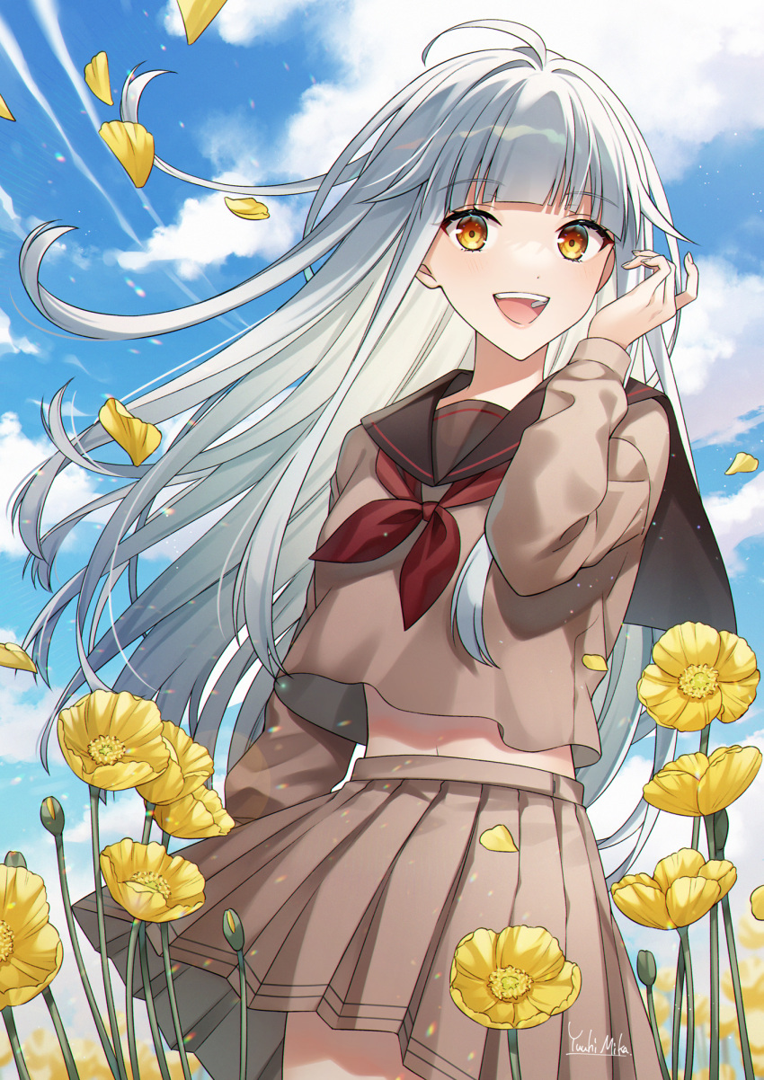 1girl :d ahoge artist_name blue_sky blunt_bangs brown_eyes brown_sailor_collar brown_serafuku brown_shirt brown_skirt bud cloud commentary_request contrail cowboy_shot cropped_shirt day eyelashes falling_petals flower grey_hair hand_up hanekura_si highres indie_virtual_youtuber lens_flare light_particles long_hair long_sleeves looking_at_viewer midriff_peek neckerchief open_mouth outdoors petals plant pleated_skirt poppy_(flower) red_neckerchief sailor_collar school_uniform serafuku shirt sidelocks skirt sky smile solo standing teeth tongue upper_teeth_only very_long_hair virtual_youtuber yellow_flower yuuhi_mika