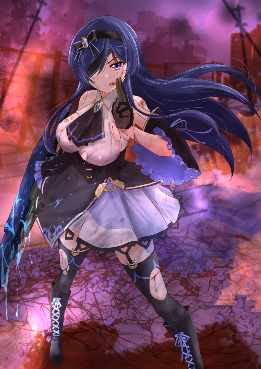 1girl absurdres arm_at_side ascot assault_lily bare_shoulders black_ascot black_bow black_footwear black_gloves black_hairband black_skirt black_thighhighs blood blood_on_arm blood_on_breasts blood_on_clothes blood_on_face blood_on_leg blood_on_weapon blue_blood blue_gemstone blue_hair boots bow bow_hairband breasts building chain-link_fence collared_shirt commentary_request commission cross-laced_footwear cuts detached_sleeves dirty dirty_clothes dirty_face evening eyepatch fence floating_hair foot_out_of_frame frilled_sleeves frills garter_straps gem gloves hair_between_eyes hair_bow hairband hand_up highres holding holding_weapon injury itou_shizu_(assault_lily) knee_boots lace-up_boots large_breasts layered_skirt long_hair long_sleeves looking_at_viewer miniskirt official_alternate_costume one_eye_closed outdoors parted_lips pixiv_commission purple_eyes rubble ruins see-through shirt sidelocks skirt sleeveless sleeveless_shirt solo standing striped striped_bow thighhighs torn_clothes torn_shirt torn_skirt torn_thighhighs underbust urutsu_sahari utility_pole v-shaped_eyebrows weapon white_shirt white_skirt wide_sleeves