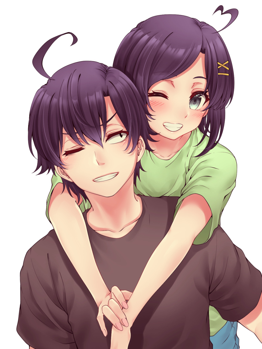 1boy 1girl ahoge black_eyes black_hair black_shirt blue_eyes blush brother_and_sister collarbone green_shirt hair_between_eyes hair_ornament highres hikigaya_hachiman hikigaya_komachi hug hug_from_behind one_eye_closed red_hayao shirt short_hair short_sleeves siblings smile teeth white_background x_hair_ornament yahari_ore_no_seishun_lovecome_wa_machigatteiru.