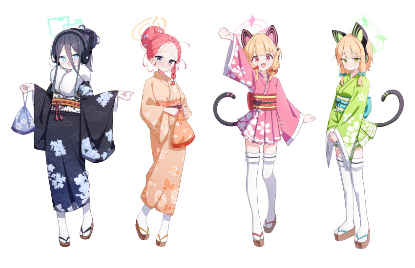 4girls 525_woiwo absurdres alternate_costume animal_ear_headphones animal_ears aris_(blue_archive) arm_up black_hair black_headphones black_kimono blonde_hair blue_archive blue_eyes bow cat_tail closed_mouth fake_animal_ears floral_print_kimono forehead full_body fur-trimmed_kimono fur_trim game_development_department_(blue_archive) green_eyes green_halo green_kimono grey_eyes hair_between_eyes hair_bow hair_bun halo headphones highres japanese_clothes kimono long_bangs long_sleeves looking_at_viewer midori_(blue_archive) momoi_(blue_archive) multiple_girls open_mouth orange_kimono pink_halo pink_kimono red_eyes red_hair short_hair siblings simple_background single_hair_bun sisters smile standing tabi tail thighhighs twins white_background white_bow white_thighhighs wide_sleeves yellow_halo yuzu_(blue_archive) zouri