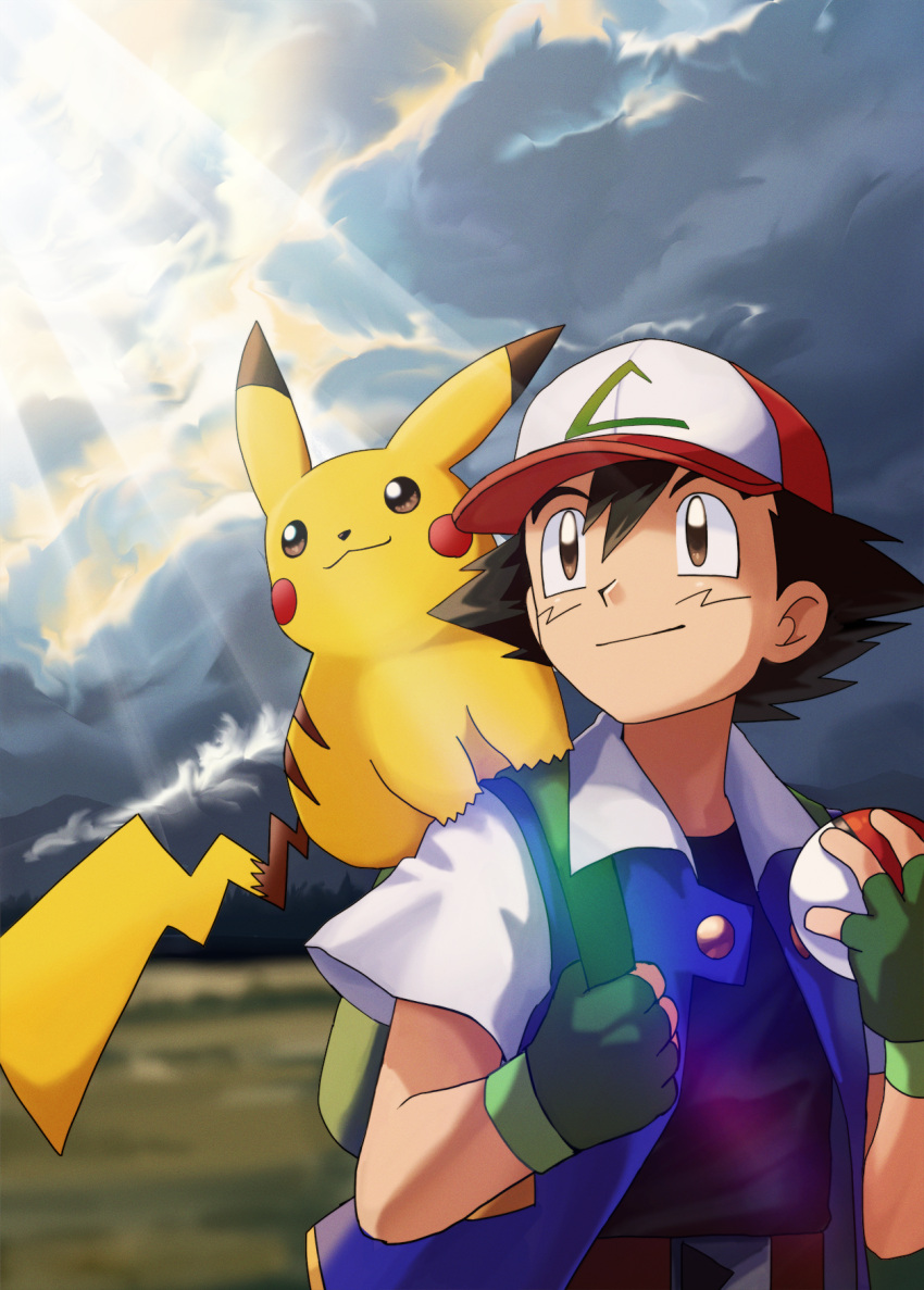 1boy ash_ketchum baseball_cap black_hair brown_eyes closed_mouth cloud cloudy_sky commentary_request fingerless_gloves gloves green_gloves hair_between_eyes hat highres holding holding_poke_ball holding_strap jacket light_rays male_focus mandei_(nao_1234567) open_clothes open_jacket outdoors pikachu poke_ball poke_ball_(basic) pokemon pokemon_(anime) pokemon_(classic_anime) pokemon_(creature) red_headwear shirt short_hair sky smile