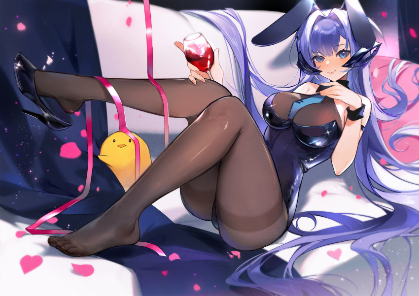 1girl alcohol animal_ears arm_strap azur_lane bare_shoulders black_footwear black_pantyhose blue_eyes blue_hair blue_necktie blush breasts closed_mouth cup drinking_glass fake_animal_ears high_heels highres large_breasts legs manjuu_(azur_lane) necktie new_jersey_(azur_lane) new_jersey_(exhilarating_steps!)_(azur_lane) official_alternate_costume pantyhose petals pillow playboy_bunny rabbit_ears smile solo thighband_pantyhose thighs wine wine_glass wristband yayako_(804907150)