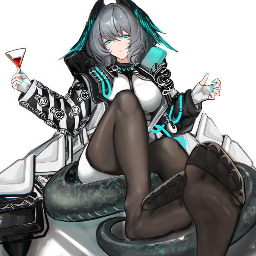 1girl absurdres aqua_eyes aqua_nails arknights black_jacket black_pantyhose breasts closed_mouth cocktail_glass cup drinking_glass feathered_wings feet fingerless_gloves foot_focus foreshortening gloves grey_hair hair_between_eyes head_wings highres ho'olheyak_(arknights) holding jacket knee_up large_breasts legs lizard_tail looking_at_viewer no_shoes pantyhose shadow simple_background sitting smile snake_tail soles solo suiryuu_(18559651) tail thighs toes white_background white_jacket wings