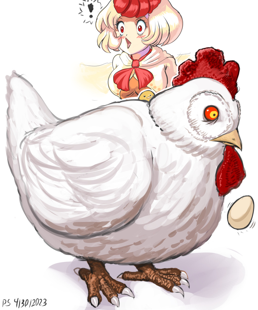 ! 1girl absurdres bird blonde_hair breasts chicken commentary dated egg english_commentary highres multicolored_hair niwatari_kutaka niwatari_kutaka_(chicken) open_mouth profitshame red_eyes red_hair short_hair signature simple_background spoken_exclamation_mark touhou two-tone_hair white_background wings