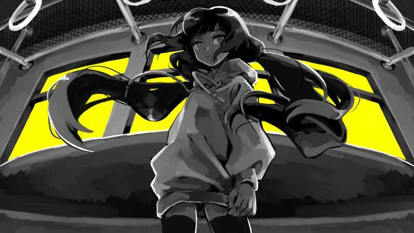 1girl backlighting blunt_bangs closed_mouth commentary_request cowboy_shot expressionless fisheye floating_hair from_below greyscale_with_colored_background hand_grip highres lag_train_(vocaloid) light_frown long_hair long_sleeves looking_at_viewer looking_down low_twintails monochrome no_pants osage_(inabakumori) puffy_long_sleeves puffy_sleeves solo standing thighhighs tomizu train_interior twintails very_long_hair vocaloid window yellow_background