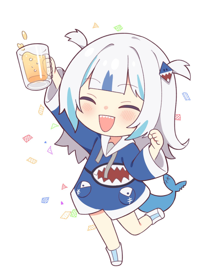 1girl ^_^ animal_costume arm_up blue_hair blue_hoodie blunt_bangs blush chibi clenched_hand closed_eyes confetti cup drink fins fish_tail gawr_gura gawr_gura_(1st_costume) grey_hair hair_ornament hand_up highres holding holding_cup hololive hololive_english hood hoodie long_sleeves medium_hair mug multicolored_hair nzmtarou open_mouth shark_costume shark_girl shark_hair_ornament shark_print shark_tail shoes sidelocks simple_background smile solo standing standing_on_one_leg streaked_hair tail two_side_up virtual_youtuber white_background white_footwear wide_sleeves
