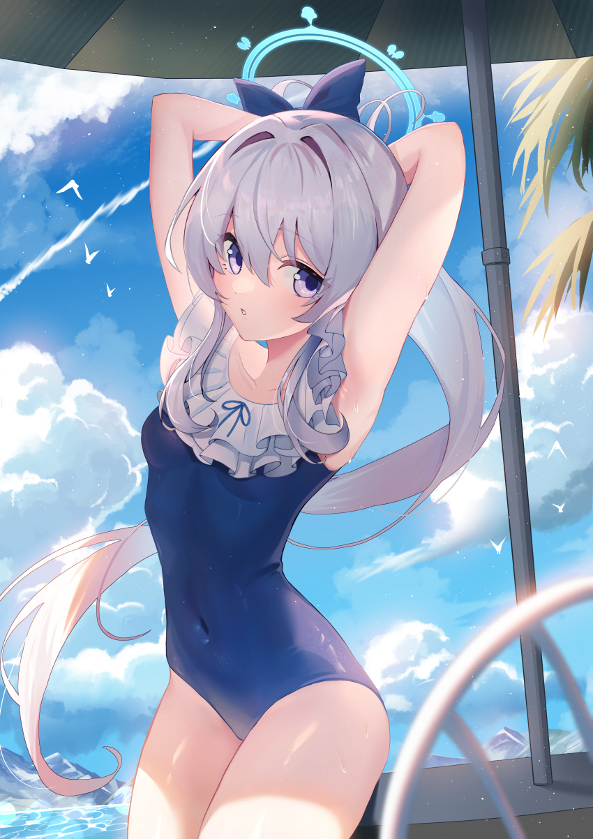 1girl absurdres armpits arms_behind_back arms_up blue_archive blue_bow blue_halo blue_one-piece_swimsuit bow breasts casual_one-piece_swimsuit collarbone commentary covered_navel cowboy_shot frilled_one-piece_swimsuit frills hair_between_eyes hair_bow halo highres long_hair looking_at_viewer miyako_(blue_archive) one-piece_swimsuit outdoors parted_lips ponytail purple_eyes small_breasts so_tsubasa solo swimsuit very_long_hair wet white_hair