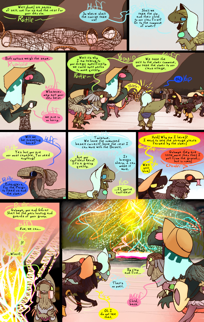 absurd_res ambiguous_gender comic dialogue dinosaur dragon dragonscape drekir dromaeosaurid fantasy feral golomya_(thepatchedragon) group hi_res kern_(thepatchedragon) lud_(thepatchedragon) magic omel_(thepatchedragon) ormer reptile salt salt_flat scalie sling_(weapon) text thepatchedragon theropod ura_(thepatchedragon)