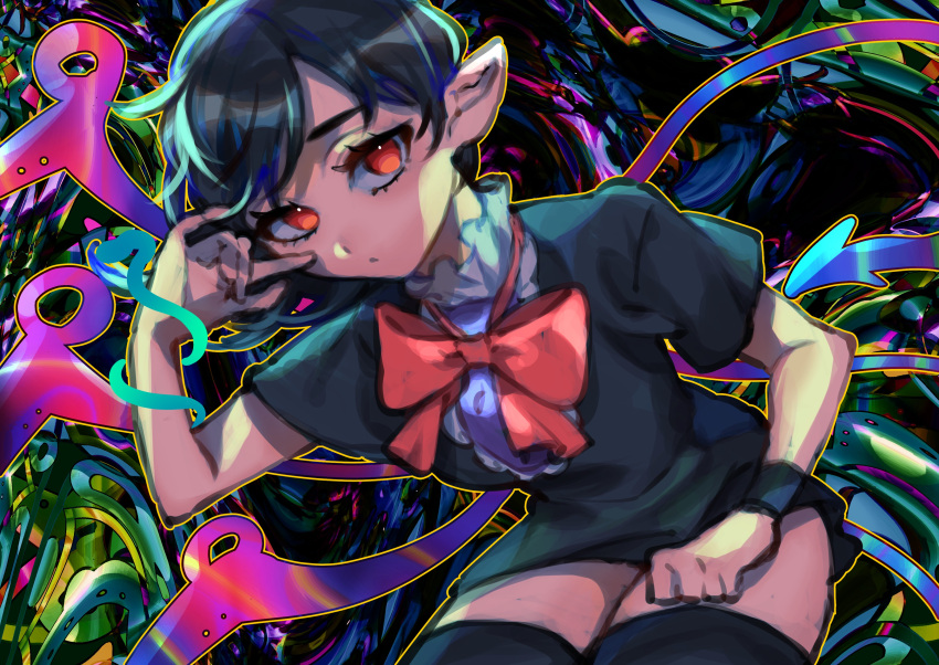 1girl abstract_background absurdres arm_up asymmetrical_wings bent_over black_dress black_hair black_thighhighs blue_wings breasts closed_mouth commentary_request cowboy_shot dress expressionless eyelashes hair_behind_ear highres houjuu_nue looking_at_viewer medium_breasts pointy_ears red_eyes red_wings short_hair short_sleeves solo swept_bangs thighhighs touhou wings wristband yamazaki_tsukune zettai_ryouiki