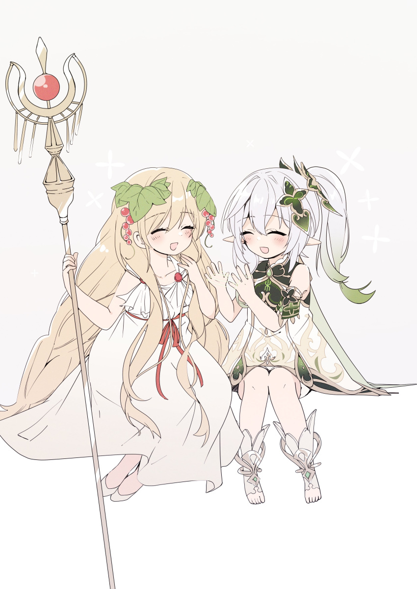 2girls absurdly_long_hair absurdres blonde_hair cape closed_eyes crossover detached_sleeves dress female_child food fruit genshin_impact gold_trim gradient_hair grapes green_cape green_hair green_sleeves hair_fruit hair_ornament highres holding holding_scepter leaf_hair_ornament long_hair magi_the_labyrinth_of_magic multicolored_hair multiple_girls nahida_(genshin_impact) open_mouth pointy_ears scepter scheherazade_(magi) side_ponytail sitting sleeveless sleeveless_dress smile staff stirrup_footwear toeless_footwear usako_(usako1031) very_long_hair wavy_hair white_dress white_footwear white_hair