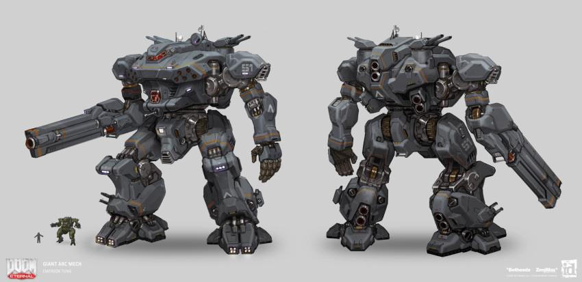 1boy arm_cannon cannon chest_cannon comparison concept_art doom_(series) doom_eternal doomguy emerson_tung english_commentary english_text gradient_background highres id_software logo machinery mecha military missile_pod official_art power_armor production_art realistic robot science_fiction sketch thrusters title weapon