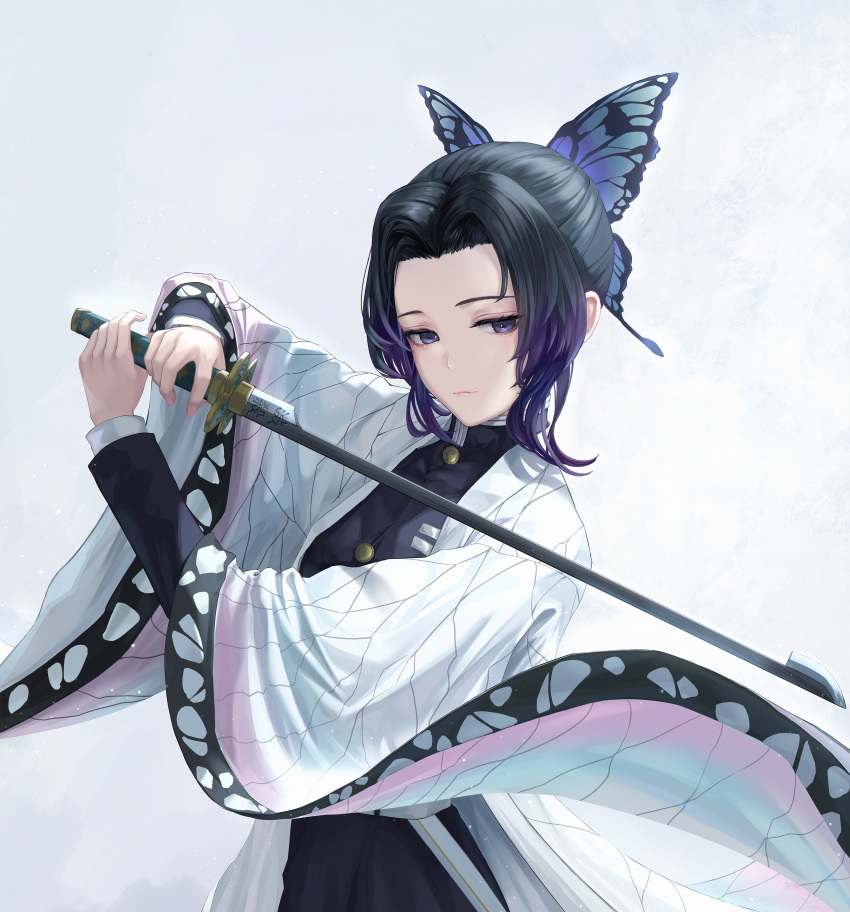 1girl absurdres black_hair butterfly_hair_ornament closed_mouth commentary demon_slayer_uniform expressionless gradient_hair hair_ornament haori highres holding holding_sword holding_weapon japanese_clothes kimetsu_no_yaiba kochou_shinobu looking_at_viewer multicolored_hair parted_bangs purple_eyes purple_hair revision sidelocks simple_background solo sword sword_writing tooku0 two-tone_hair updo upper_body weapon wide_sleeves