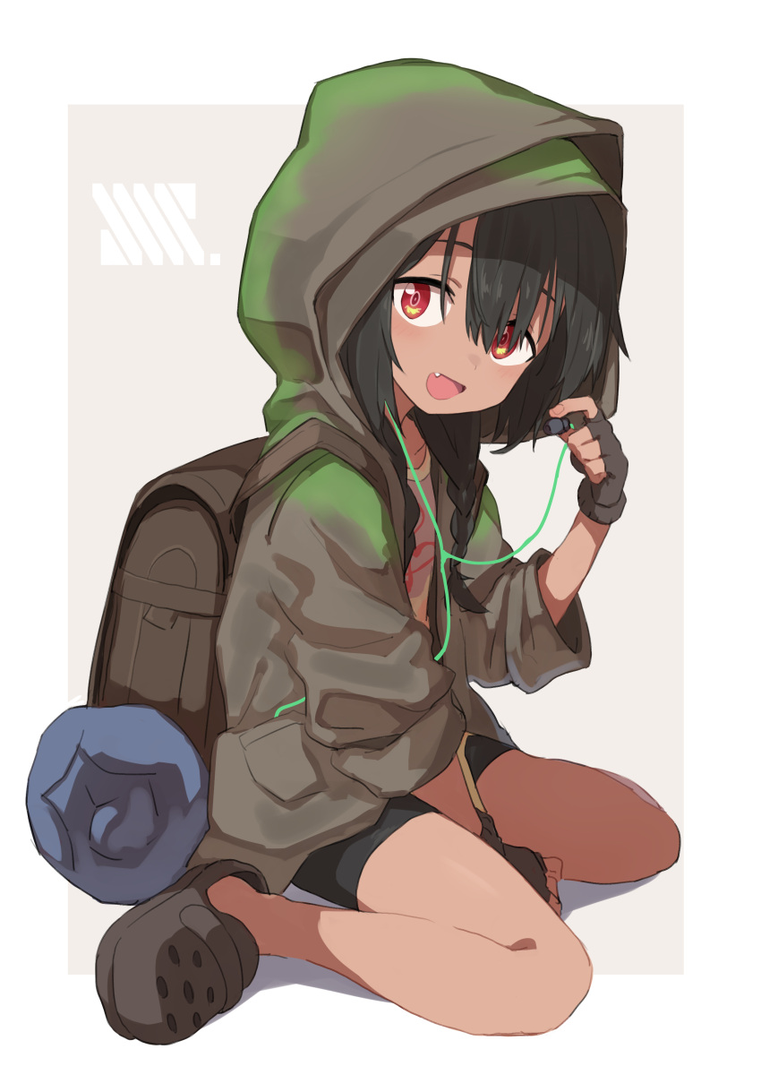 1girl absurdres anosillus_ii black_hair braid brown_hood dark_skin earbuds earphones fingerless_gloves gazacy_(dai) gloves gridman_universe highres hood hood_up jacket long_hair looking_at_viewer musical_note musical_note_print red_eyes shirt smile solo ssss.gridman twin_braids