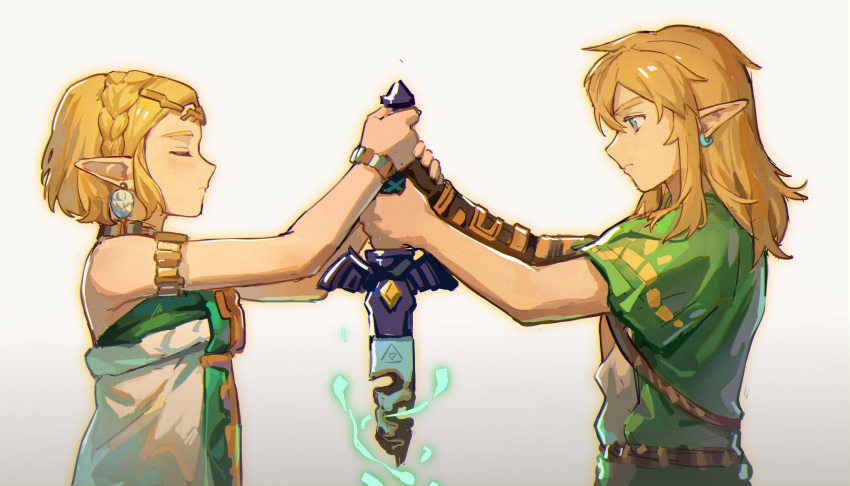 1boy 1girl armlet bare_shoulders blonde_hair blue_eyes braid closed_eyes commentary_request crown_braid dress ear_piercing earrings from_side glowing green_dress hair_ornament highres holding holding_sword holding_weapon jewelry link long_hair master_sword piercing pointy_ears princess_zelda profile rust short_hair sidelocks simple_background strapless strapless_dress sword the_legend_of_zelda the_legend_of_zelda:_tears_of_the_kingdom triforce_print two-tone_dress weapon white_background white_dress wufaxianshi_cnd