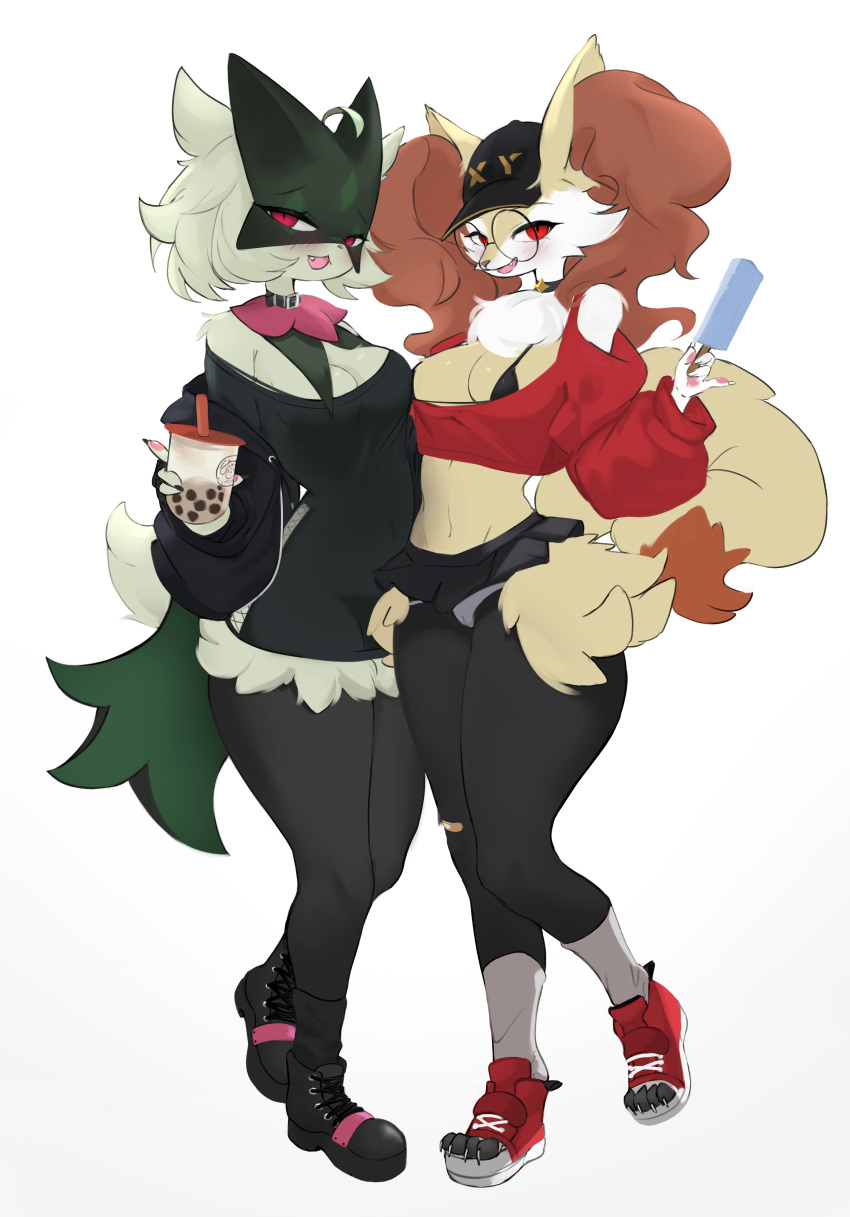 absurd_res anthro braixen breasts clothed clothing duo female generation_6_pokemon generation_9_pokemon green_body hi_res looking_at_viewer meowscarada nintendo open_mouth pokemon pokemon_(species) red_body red_eyes simple_background white_background white_body yellow_body yoru_vida