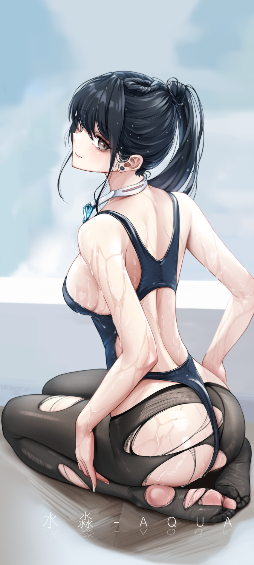 1girl absurdres ass back black_hair black_pantyhose blue_one-piece_swimsuit blue_sky breasts brown_eyes closed_mouth cloud commentary_request earrings eyewear_around_neck from_behind full_body highres jewelry large_breasts legs looking_at_viewer looking_back mr.blackcat666 one-piece_swimsuit original pantyhose pantyhose_under_swimsuit ponytail sideboob sitting sky smile soles swim_goggles swimsuit thong toes torn_clothes torn_pantyhose turning_head wet