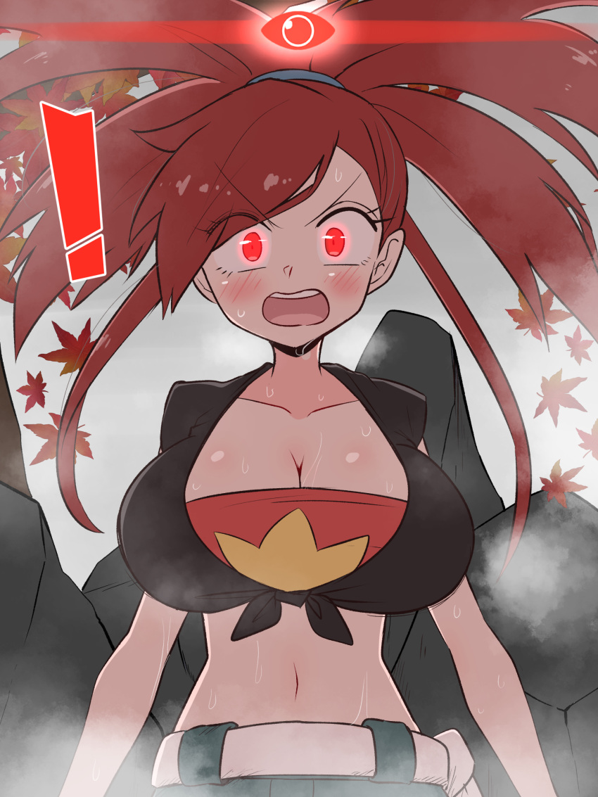 ! 1girl absurdres alpha_pokemon autumn_leaves bandeau belt black_shirt blush breasts cleavage collarbone commentary_request crop_top denim flannery_(pokemon) glowing glowing_eyes grey_sky highres huge_breasts jeans kurachi_mizuki leaf long_hair looking_at_viewer midriff navel open_mouth outdoors pants pokemon pokemon_legends:_arceus pokemon_oras ponytail red_bandeau red_eyes red_hair rock shirt short_sleeves sky solo split_ponytail steam sweat teeth tied_shirt upper_body upper_teeth_only white_belt