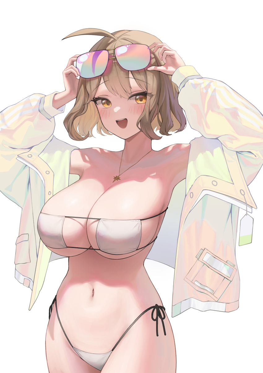 1girl absurdres ahoge anis_(nikke) anis_(sparkling_summer)_(nikke) armpits arms_up bare_shoulders bikini breasts brown_hair cleavage cowboy_shot dong_ji eyepatch_bikini eyewear_on_head goddess_of_victory:_nikke hands_on_eyewear highleg highleg_bikini highres jacket jewelry large_breasts long_sleeves looking_at_viewer navel necklace off_shoulder official_alternate_costume open_clothes open_jacket open_mouth orange_eyes short_hair side-tie_bikini_bottom simple_background smile solo standing stomach string_bikini sunglasses swimsuit tinted_eyewear white_background white_bikini white_jacket