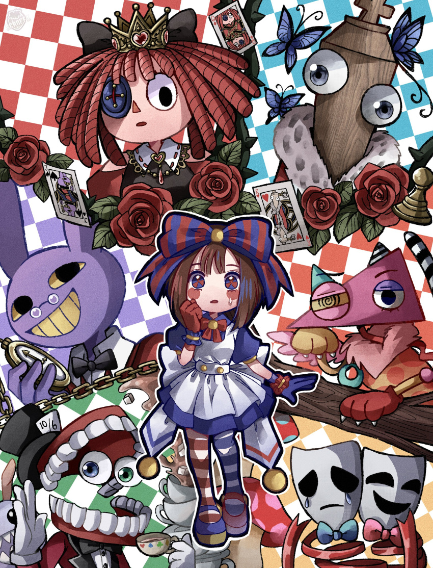 2others 3boys 3girls absurdres alice_(alice_in_wonderland) alice_(alice_in_wonderland)_(cosplay) alice_in_wonderland alternate_costume animal_ears animal_hands apron artist_logo asymmetrical_footwear asymmetrical_gloves black_bow black_bowtie black_dress blue_bow blue_bowtie blue_eyes blue_footwear blush_stickers bow bowtie branch brown_hair bubble_(the_amazing_digital_circus) bug butterfly button_eyes caine_(the_amazing_digital_circus) card chain cheshire_cat_(alice_in_wonderland) cheshire_cat_(alice_in_wonderland)_(cosplay) chess_piece collar cosplay cropped_torso crown crying crying_with_eyes_open cup diagonal-striped_bow diagonal_stripes disembodied_eye disposable_cup dress flower fur-trimmed_robe fur_collar fur_trim gangle_(the_amazing_digital_circus) glasses gloves hair_bow hat heart highres holding_clock jax_(the_amazing_digital_circus) king_(chess) king_of_hearts_(alice_in_wonderland) king_of_hearts_(alice_in_wonderland)_(cosplay) kinger_(the_amazing_digital_circus) leaf looking_at_viewer mad_hatter_(alice_in_wonderland) mad_hatter_(alice_in_wonderland)_(cosplay) march_hare_(alice_in_wonderland) march_hare_(alice_in_wonderland)_(cosplay) mask mismatched_footwear mismatched_gloves multiple_boys multiple_girls multiple_others mushroom no_gloves open_mouth pawn_(chess) pink_bow pink_bowtie pomni_(the_amazing_digital_circus) puffy_short_sleeves puffy_sleeves purple_fur queen_of_hearts_(alice_in_wonderland) queen_of_hearts_(alice_in_wonderland)_(cosplay) rabbit_boy rabbit_ears ragatha_(the_amazing_digital_circus) red_eyes red_footwear red_hair ribbon robe rose scruffyart short_sleeves smile socks stopwatch striped striped_socks sugar_cube sweatdrop tea teacup tears teeth the_amazing_digital_circus top_hat tweedledee_(alice_in_wonderland) tweedledee_(alice_in_wonderland)_(cosplay) tweedledum_(alice_in_wonderland) tweedledum_(alice_in_wonderland)_(cosplay) two-tone_eyes watermark waving white_apron white_dress white_gloves white_rabbit_(alice_in_wonderland) white_rabbit_(alice_in_wonderland)_(cosplay) wood yarn yellow_teeth zooble_(the_amazing_digital_circus)