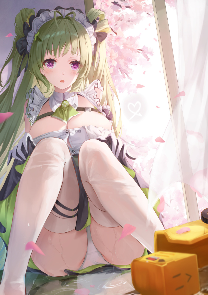1girl absurdres antenna_hair apron blush breasts cleavage double_bun finale goddess_of_victory:_nikke green_hair grey_hair hair_bun highres large_breasts long_hair maid maid_headdress on_floor panties pantyshot purple_eyes sitting smile soda_(nikke) solo standing thighhighs thighs two-tone_gloves underwear water wet white_apron white_headwear white_panties white_thighhighs
