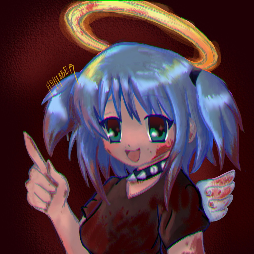 1girl angel ashtoberr blood blood_in_hair blood_on_face blush bokusatsu_tenshi_dokuro-chan chromatic_aberration commentary english_commentary firealpaca halo highres messy mitsukai_dokuro pointing pointing_up solo watermark