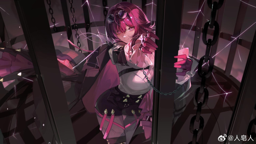1girl birdcage black_jacket black_pantyhose black_shorts cage chain chinese_commentary cliuu_u closed_mouth commentary_request cowboy_shot eyewear_on_head glasses gloves hair_between_eyes highres honkai:_star_rail honkai_(series) jacket jewelry kafka_(honkai:_star_rail) long_hair long_sleeves looking_at_viewer multiple_rings open_clothes open_jacket pantyhose purple_eyes purple_gloves purple_hair ring shirt shorts smile solo weibo_logo weibo_username white_shirt