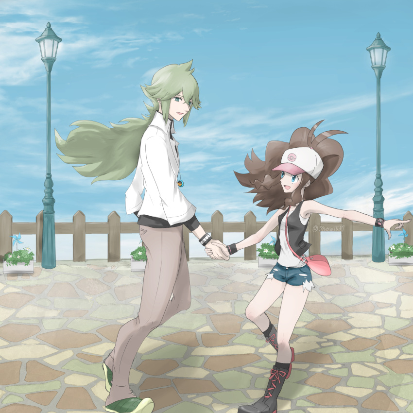 1boy 1girl baseball_cap black_vest boots brown_hair brown_pants cloud collared_shirt commentary_request day fence green_footwear green_hair hat highres hilda_(pokemon) holding_hands lamppost long_hair n_(pokemon) open_mouth outdoors pants pokemon pokemon_(game) pokemon_bw ponytail shirt shoes shorts sidelocks sky smile snow_(ffgf7255) standing twitter_username undershirt vest watermark white_headwear white_shirt wristband