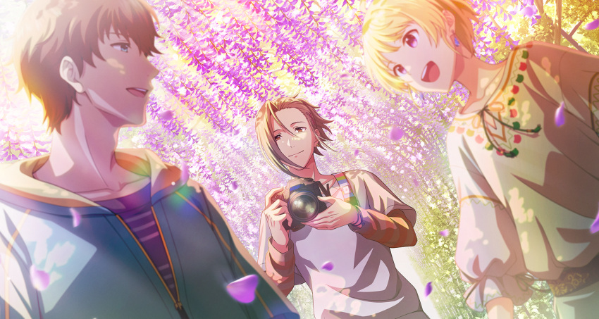 3boys beit_(idolmaster) blonde_hair blue_eyes brown_eyes camera cherry_blossoms earrings falling_petals highres holding holding_camera hood hoodie idolmaster idolmaster_side-m idolmaster_side-m_growing_stars jewelry layered_sleeves long_sleeves multiple_boys official_art open_mouth petals pierre_bichelberger purple_eyes short_over_long_sleeves short_sleeves smile takajo_kyoji teeth upper_teeth_only watanabe_minori