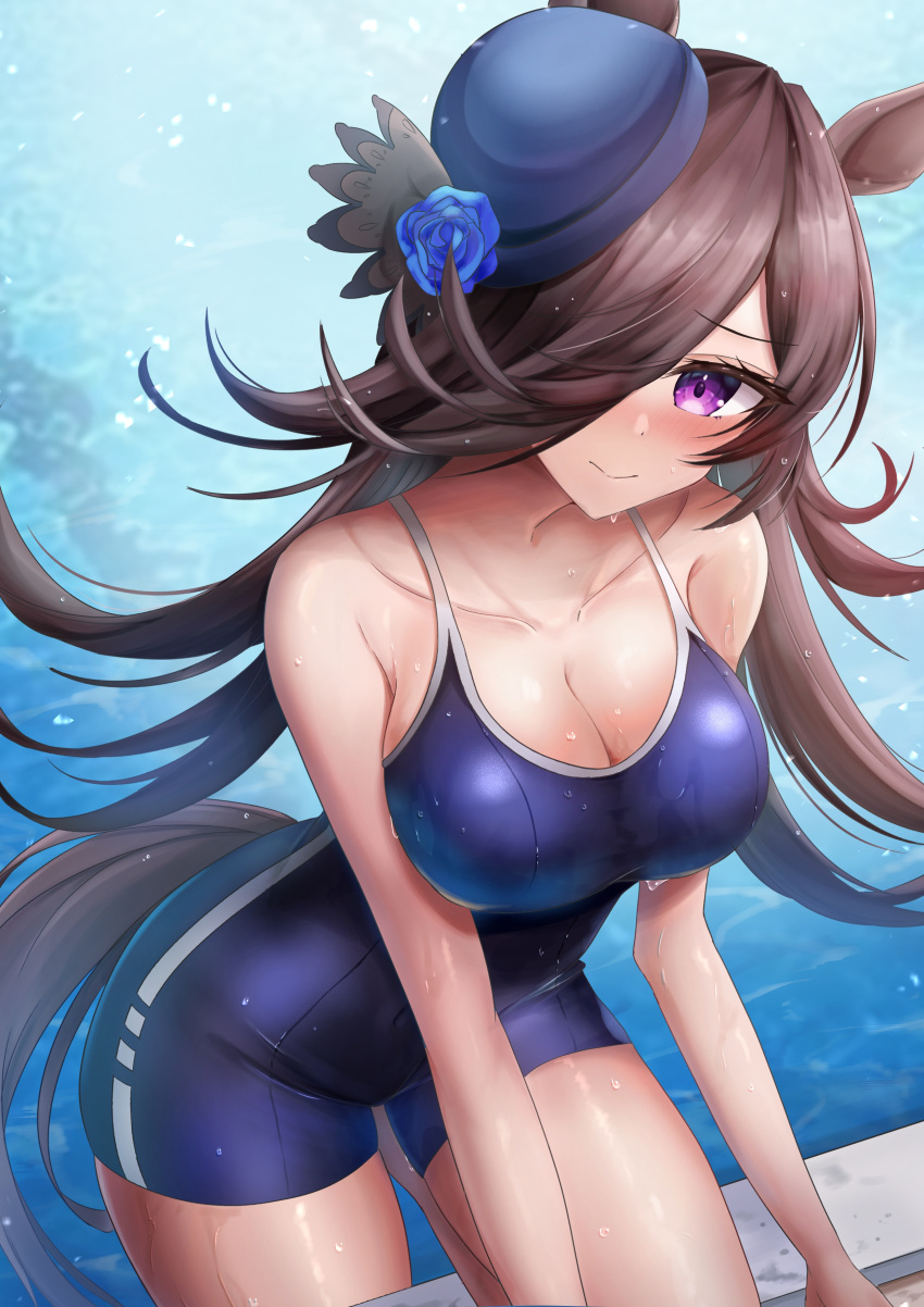 1girl absurdres bare_shoulders competition_swimsuit highres looking_at_viewer one-piece_swimsuit rice_shower_(umamusume) solo swimsuit tracen_swimsuit umamusume waity_awa