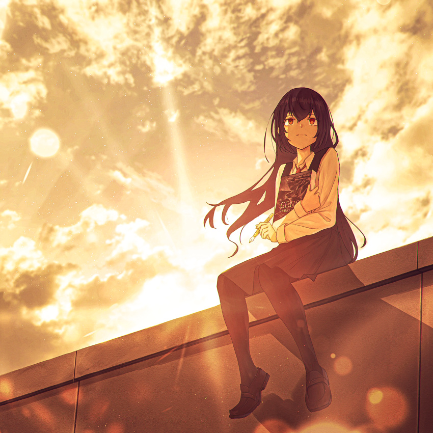 1girl absurdres black_dress black_hair brown_eyes closed_mouth cloud collared_shirt dress evening highres holding holding_notebook loafers long_hair moon necktie notebook oka_kojiro original outdoors pantyhose red_necktie shirt shoes sitting sky solo sun sunset white_shirt