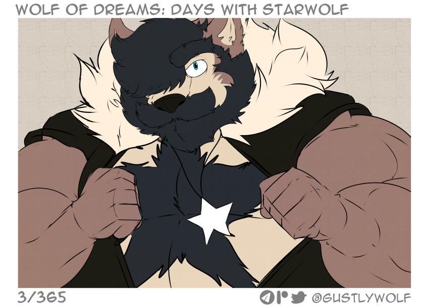 absurd_res anthro canid canine canis clothing comic days_with_starwolf hi_res hyper incrediblecrocodile male mammal musclar_male muscular muscular_anthro mythology pecs solo starwolf_(wolfofdreams) text wolf wolf_of_dreams