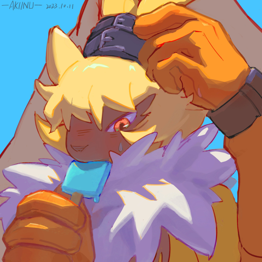2023 akitoinusu anthro bandai_namco belt blue_background clothing colored-in colored_line_art dated dessert digimon digimon_(species) eating fluffy_chest food fur gloves handwear hi_res ice_cream lagomorph leporid long_ears male mammal orange_eyes ponytail_ears popsicle popsicle_in_mouth rabbit shaded signature simple_background solo symbareangoramon yellow_body yellow_fur