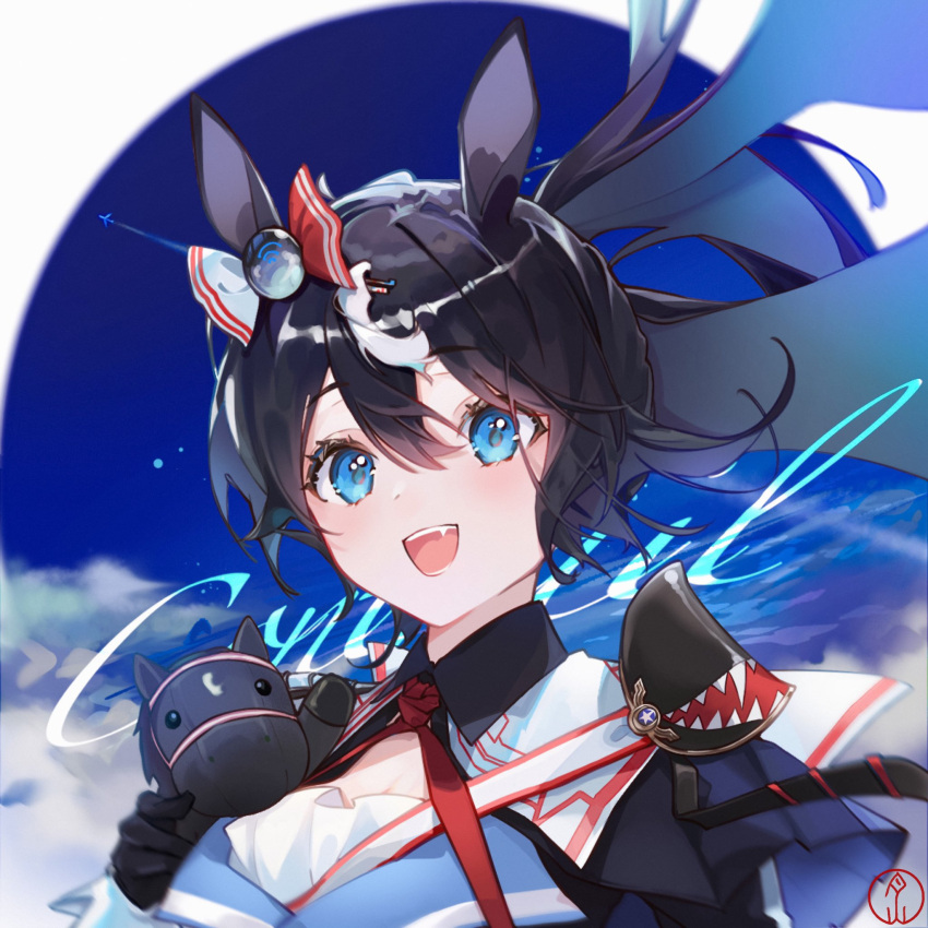 1girl :d animal_ears black_gloves black_hair blue_eyes character_name contrail_(racehorse) creature_and_personification fang gassan_aya genderswap genderswap_(mtf) gloves highres horse_ears long_hair looking_at_viewer neck_ribbon original red_ribbon ribbon smile solo stuffed_horse umamusume upper_body