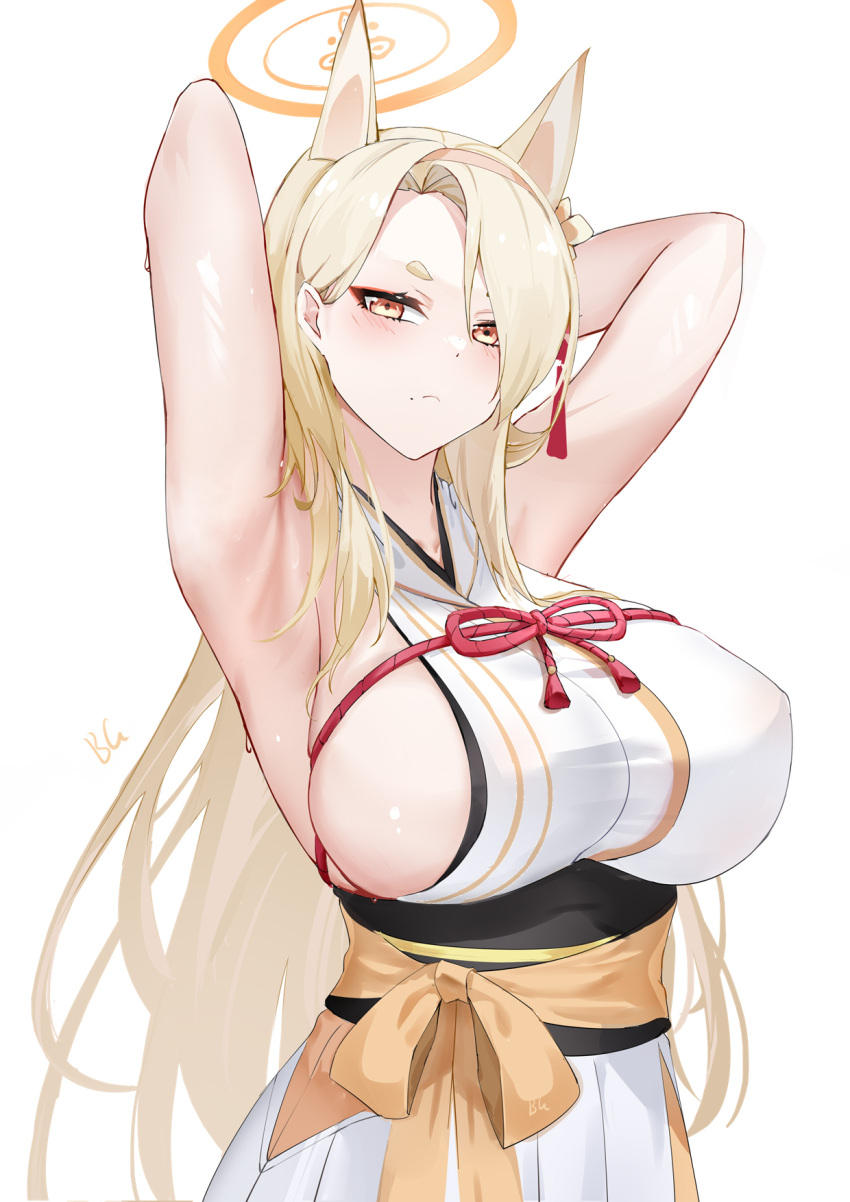 1girl animal_ears armpits arms_behind_head baige0 bare_shoulders blonde_hair blue_archive blush breasts fox_ears hair_over_one_eye hairband halo highres japanese_clothes kaho_(blue_archive) kimono large_breasts long_hair looking_at_viewer mole mole_under_mouth sideboob simple_background solo sweat thick_eyebrows white_background yellow_eyes