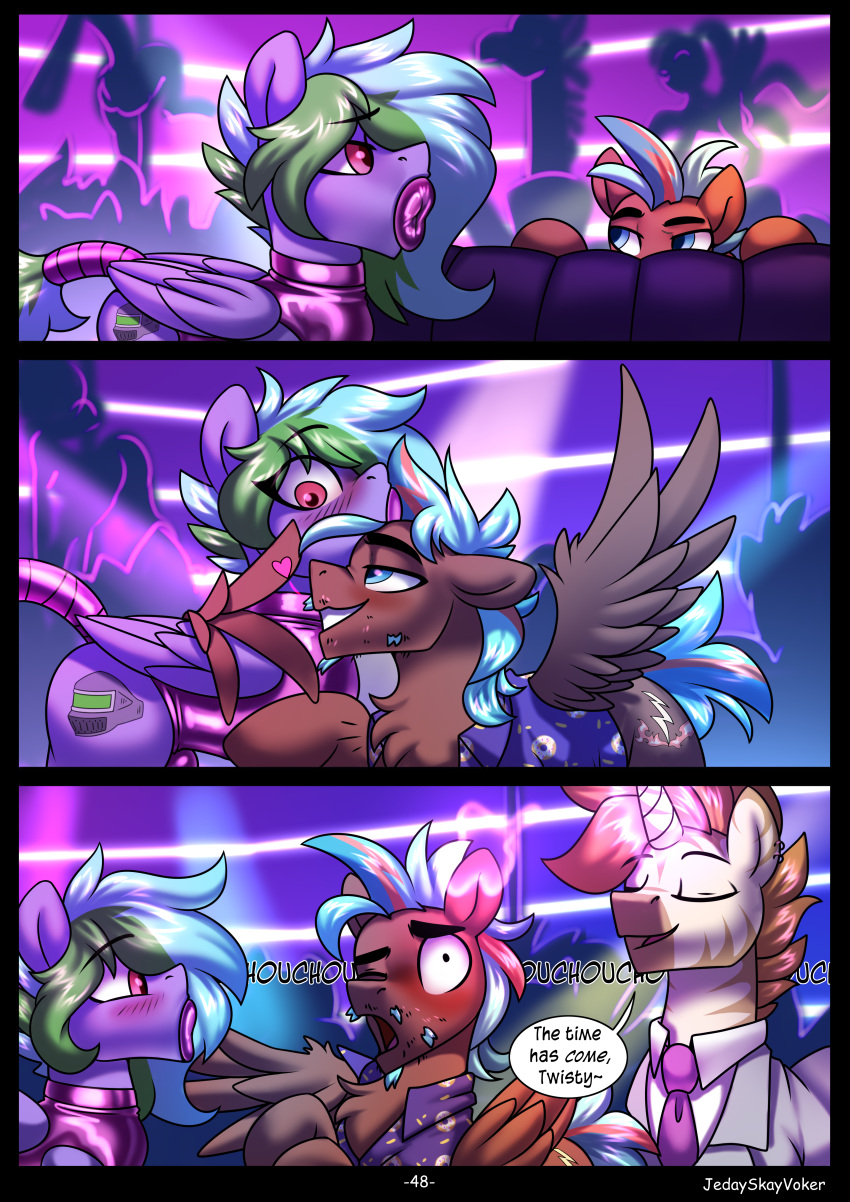 &lt;3 absurd_res aloha_shirt blue_eyes blush bulge chest_tuft classy_straps_(oc) clothing comic cutie_mark dancing ear_pull embrace equid equine facial_hair fan_character feral hasbro hi_res horn hybrid jedayskayvoker latex latex_leotard leotard male mammal my_little_pony necktie pattern_clothing pattern_shirt pattern_topwear pegasus penetrable_sex_toy penetrable_sex_toy_in_mouth pole pole_dancing sex_toy shirt suit tail tail_wraps thunder_twist topwear tuft unicorn weldbead wings wraps zebra zony