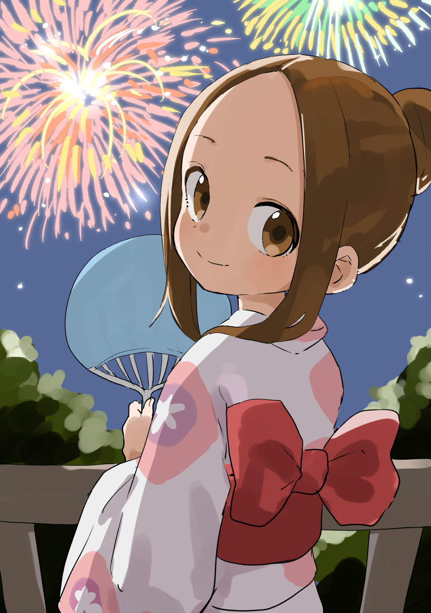 1girl absurdres aerial_fireworks bow brown_eyes brown_hair closed_mouth commentary_request fireworks floral_print forehead from_behind hair_bun hand_fan highres holding holding_fan japanese_clothes karakai_jouzu_no_takagi-san kimono looking_at_viewer looking_back night night_sky obi outdoors paper_fan parted_bangs print_kimono railing red_bow sash sky smile solo takagi-san uchiwa upper_body white_kimono yamamoto_souichirou